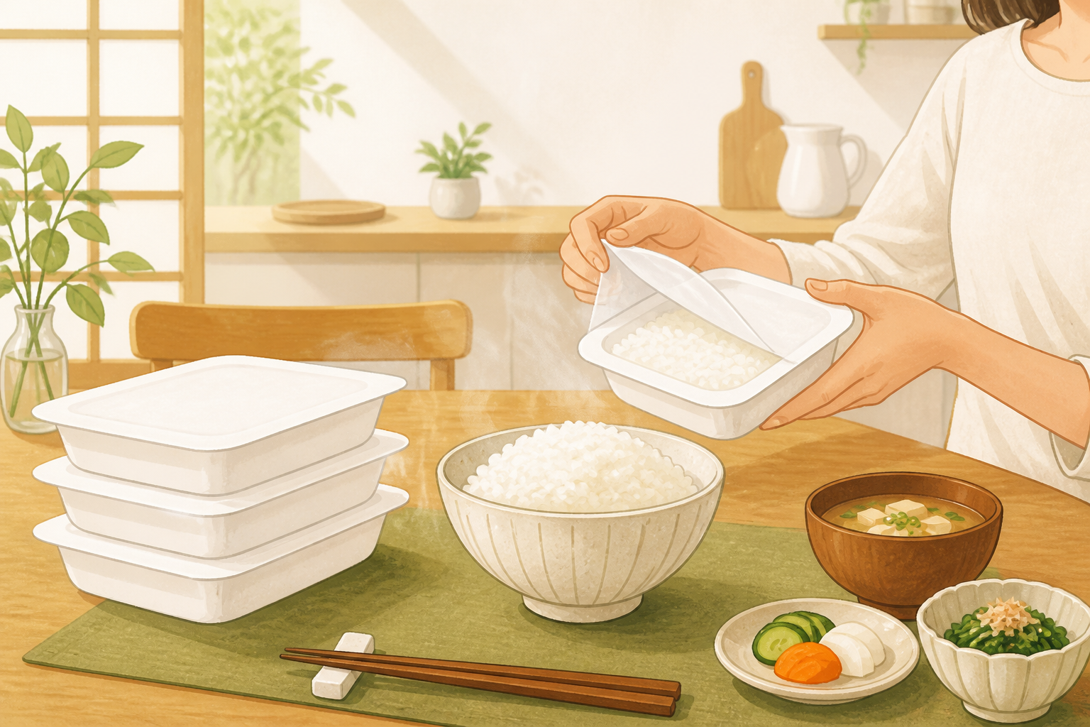 パックごはんを食卓で準備しているイメージ