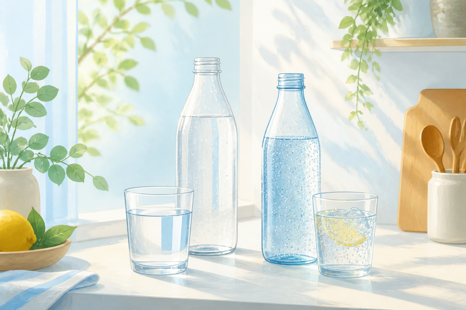 水と炭酸水を並べたイメージ