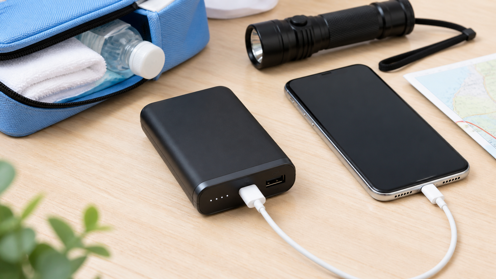 防災用品としてスマートフォンを充電するモバイルバッテリーのイメージ