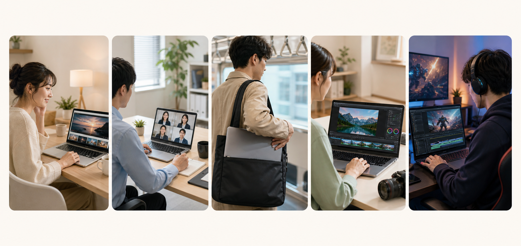 普段使い、仕事、持ち運び、写真編集、ゲームの5用途を表したイメージ